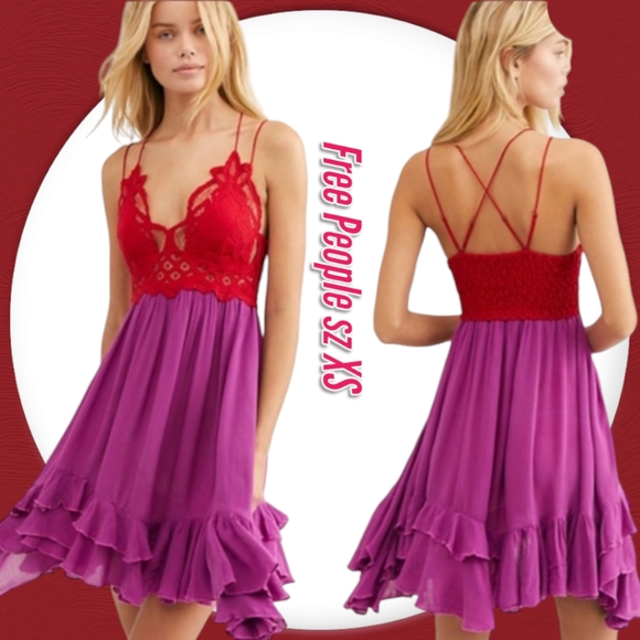 Free People Adella Mini Slip Flowy Crochet Lace Boho Red Purple Slip Mini Dress - Picture 1 of 13
